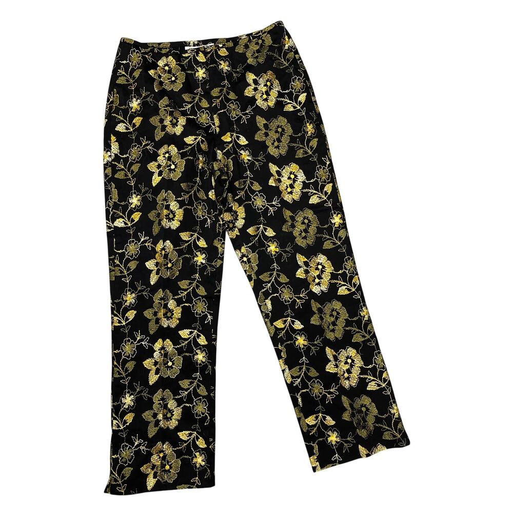 Renfrew Gold Floral Ankle Pants Black Sewn Brocade Vintage 10 USA